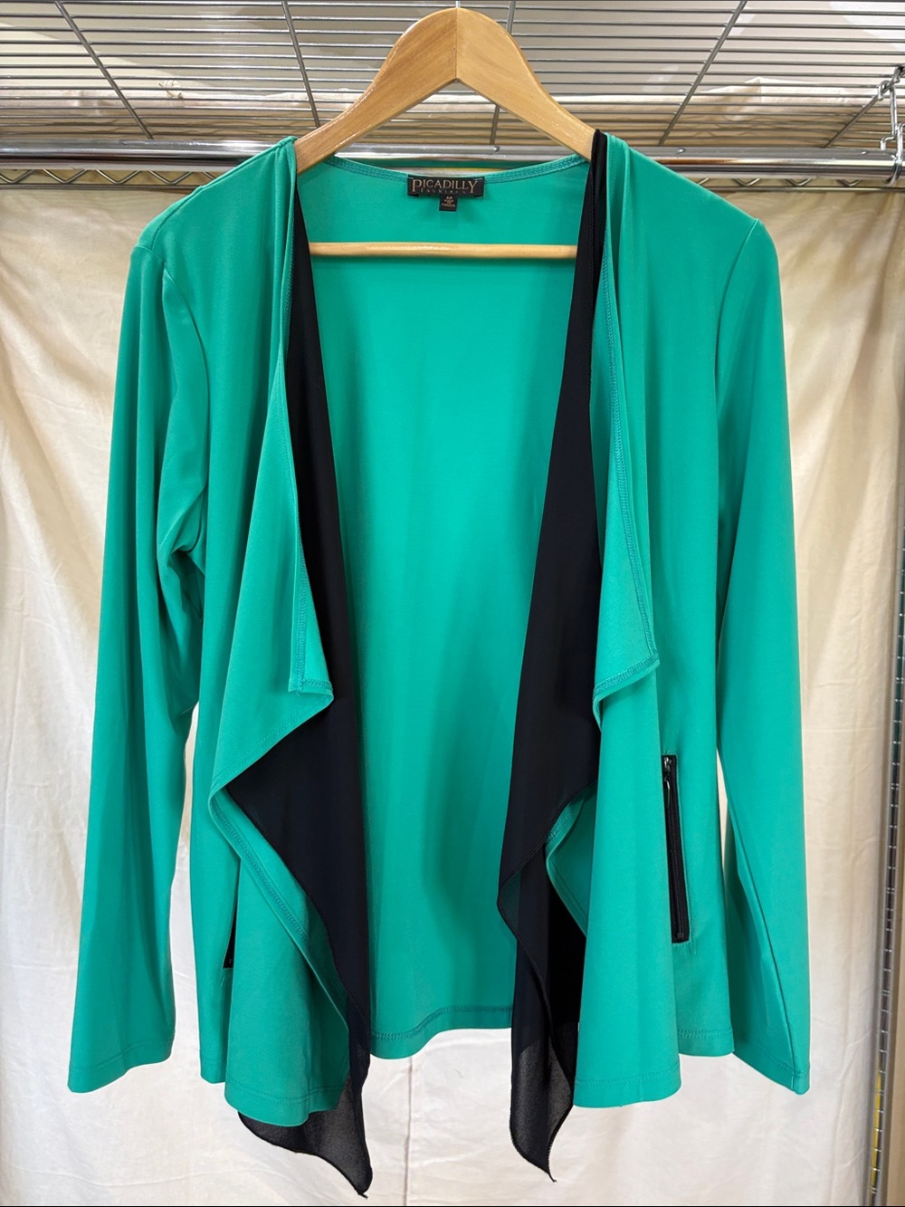 Picadilly Fashion Green Draped Open-Front Jacket with Black Panels
